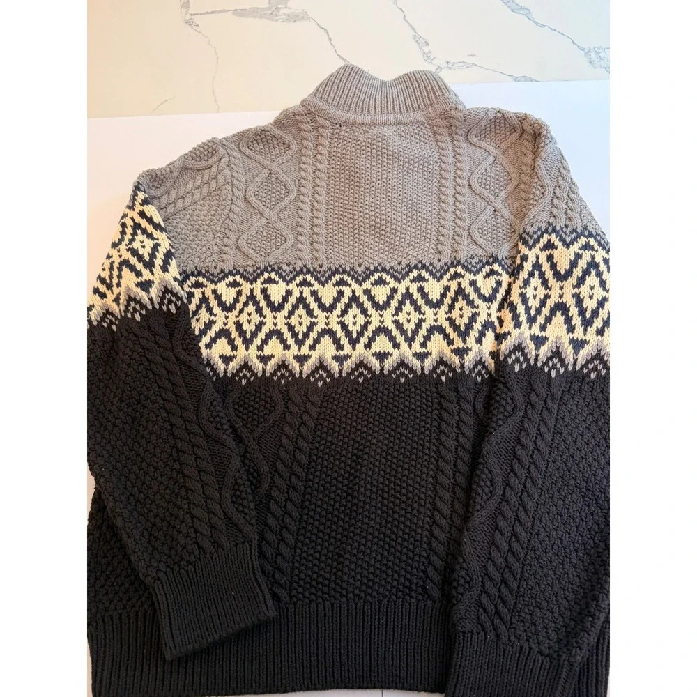 LL Bean Signature Mens Gray Fair Isle Cotton Fisherman Henley Sweater Large NWT